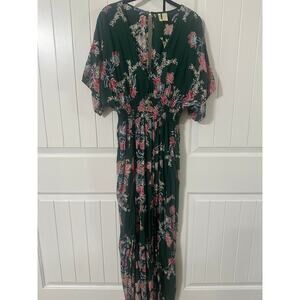 Japna Green Floral Boho Midi Dress Smocked Waist B Neck Short Sleeve Size S